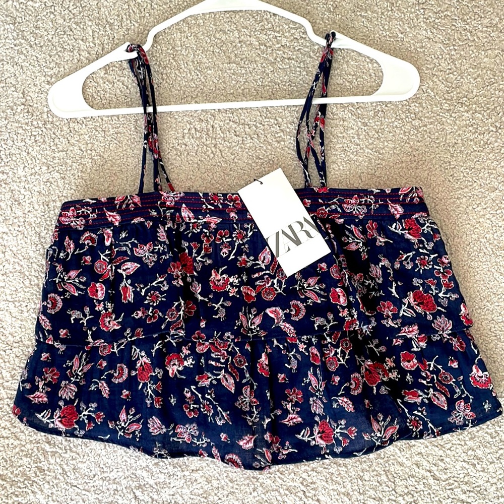 ZARA Navy Floral Ruffle Tank Top- S